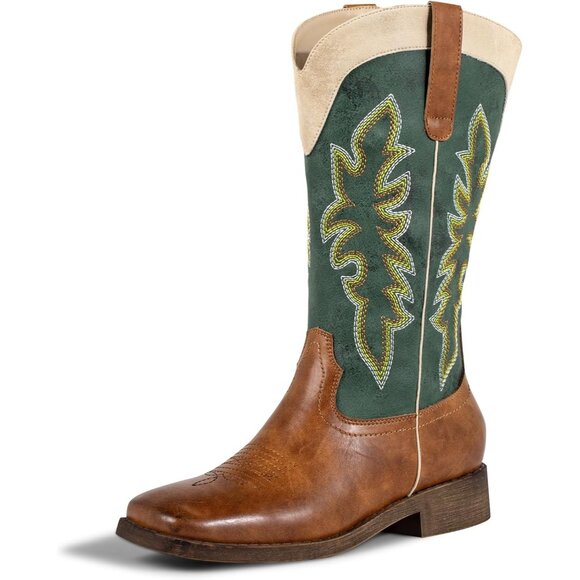 SheSole Western Boots Women's Green Tan Faux Leather Square Toe Wide Mid Calf - Picture 1 of 8